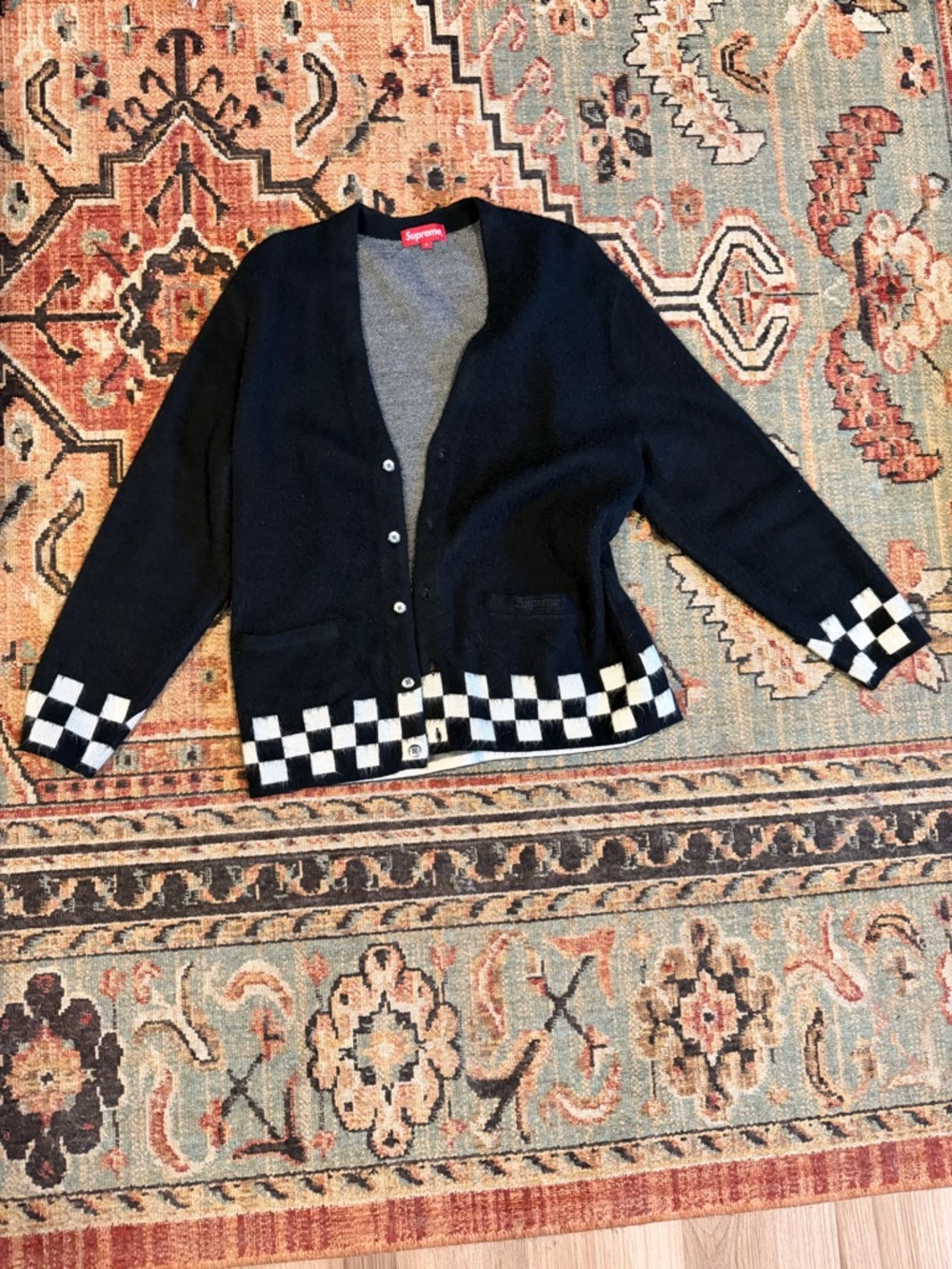 Supreme Black Cardigan with White Checkerboard Trim